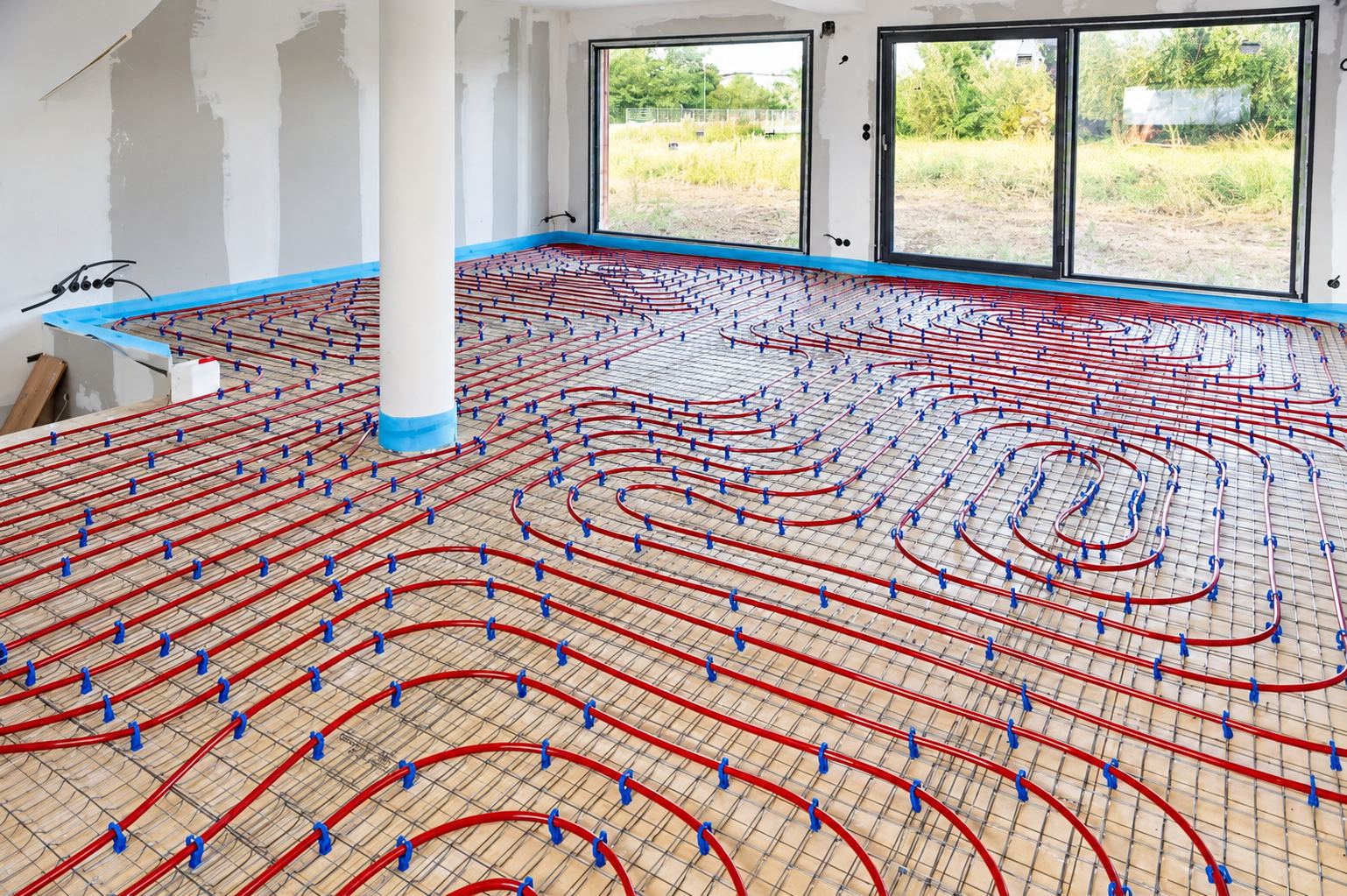Dans une grande pièce en travaux, des tuyaux rouges de plancher chauffant sont disposés en serpentins sur un treillis métallique, près d'un pilier blanc et de grandes baies vitrées.