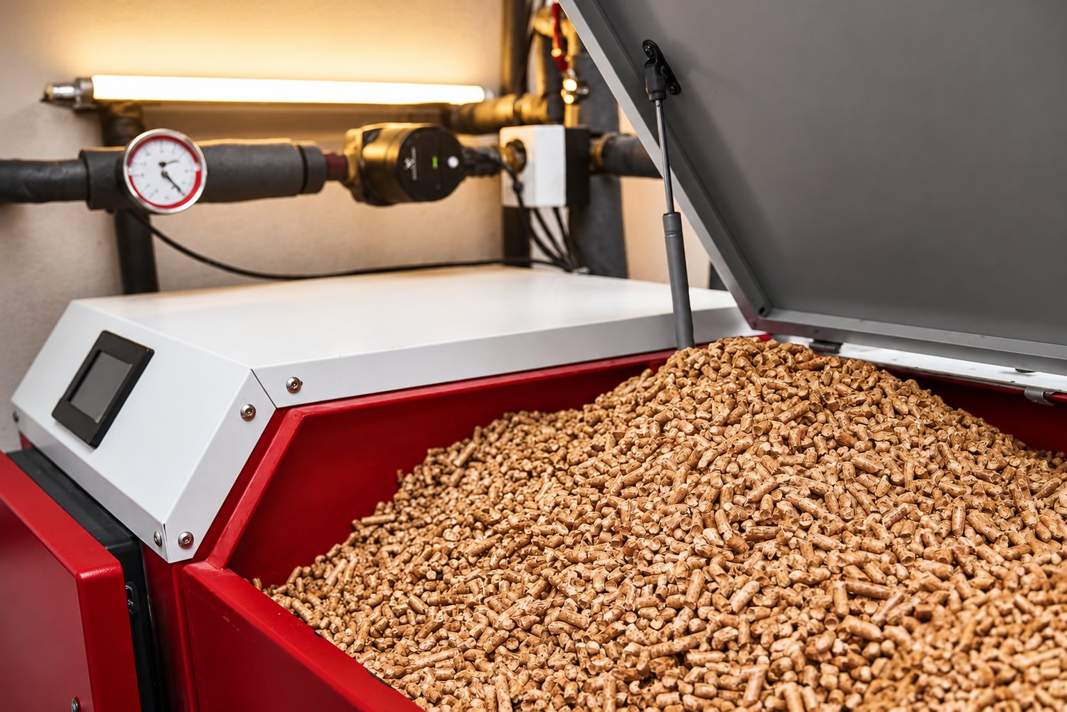Un réservoir rouge de chaudière à granulés de bois est rempli de pellets, avec un manomètre et des tuyaux chauffés par une lumière chaude en arrière-plan.