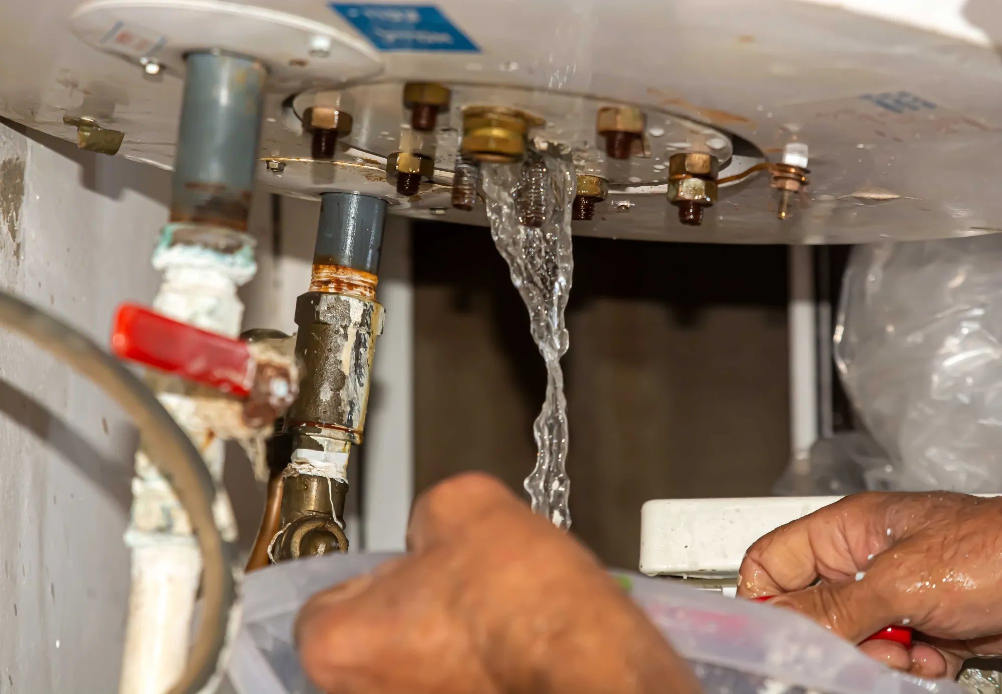 Des mains de plombier tiennent un récipient sous un chauffe-eau dont l'eau s'écoule par la base, près de tuyaux rouillés et d'une vanne rouge.