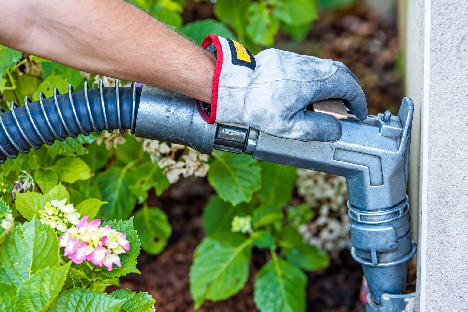 Une main gantée tient un pistolet de remplissage relié à un tuyau flexible noir, pour une livraison de fioul, au milieu d'hortensias en fleurs le long d'un mur.