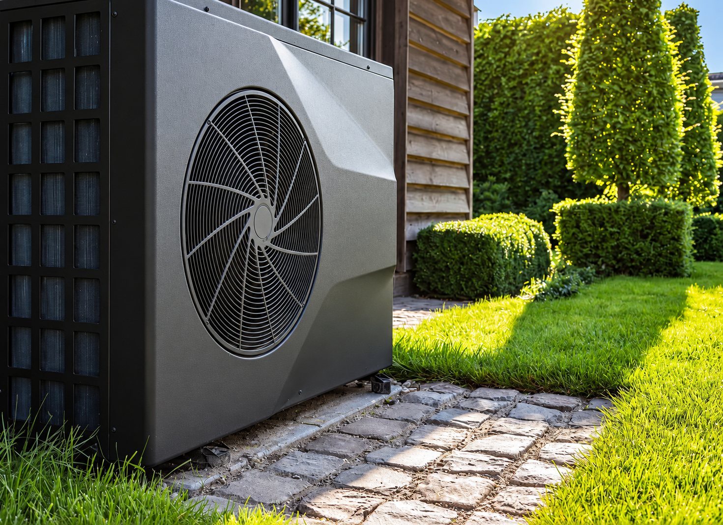 Une pompe à chaleur grise avec un grand ventilateur est installée à l'extérieur d'une maison, à côté d'un chemin pavé, de buis taillés et d'une pelouse éclairée par le soleil couchant.