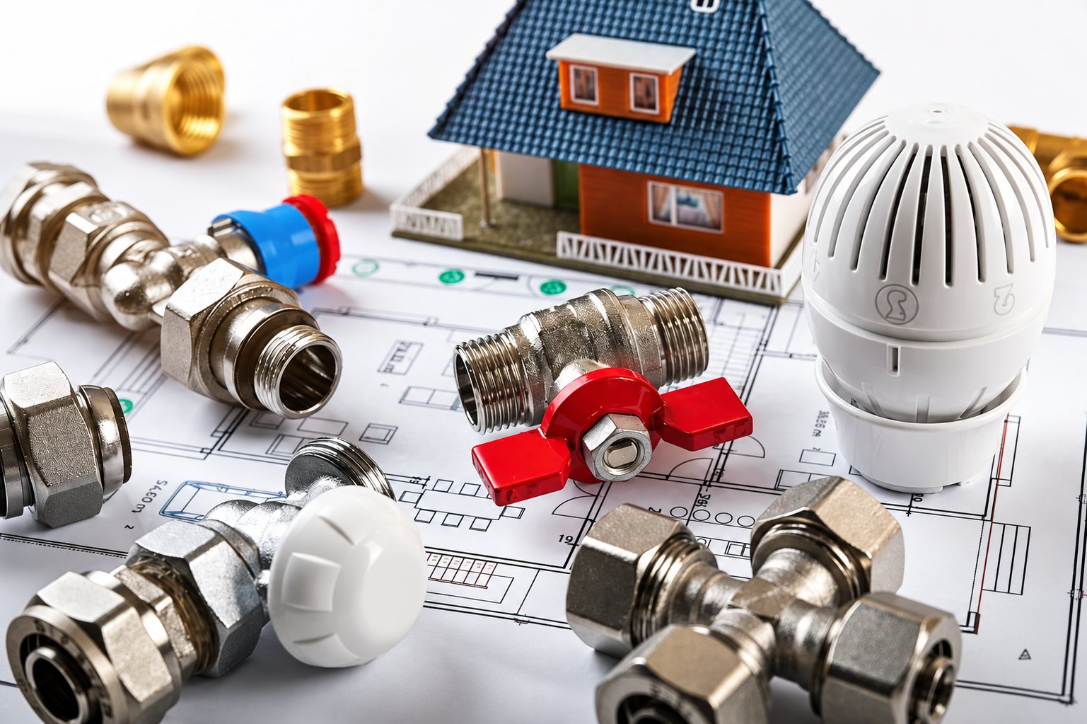Des raccords et vannes de plomberie en laiton et métal chromé, avec une tête de robinet thermostatique blanche, posés sur un plan de maison à côté d'une petite maquette de maison.