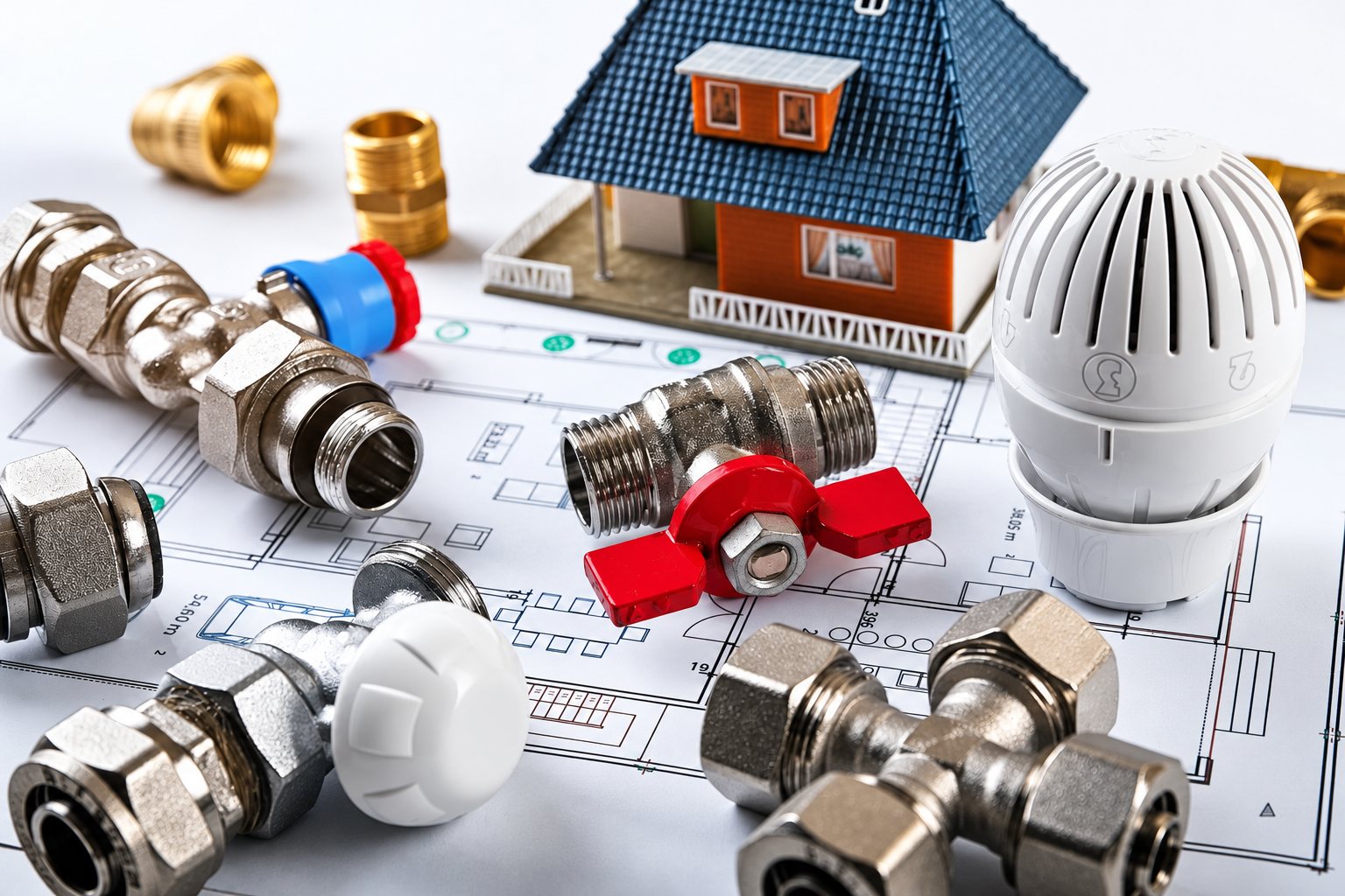 Des raccords et vannes de plomberie en métal chromé, un robinet thermostatique blanc et une maquette de maison sont posés sur un plan d'architecte.