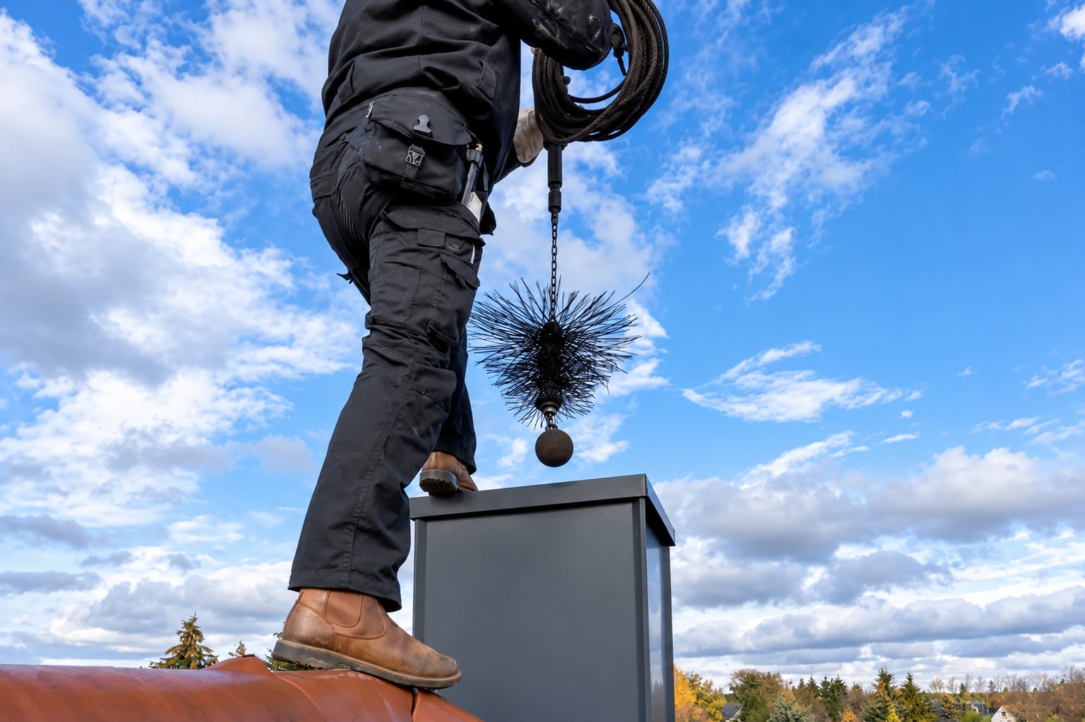 Un ramoneur en tenue sombre se tient sur un toit, un pied sur le faîtage, et descend une brosse ronde accrochée à une chaîne dans un conduit de cheminée métallique sous un ciel bleu nuageux.
