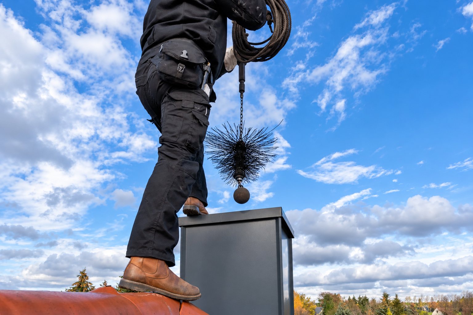 Un ramoneur en tenue noire, debout sur un toit, descend un hérisson de ramonage au bout d'une chaîne dans une cheminée métallique sous un ciel bleu nuageux.