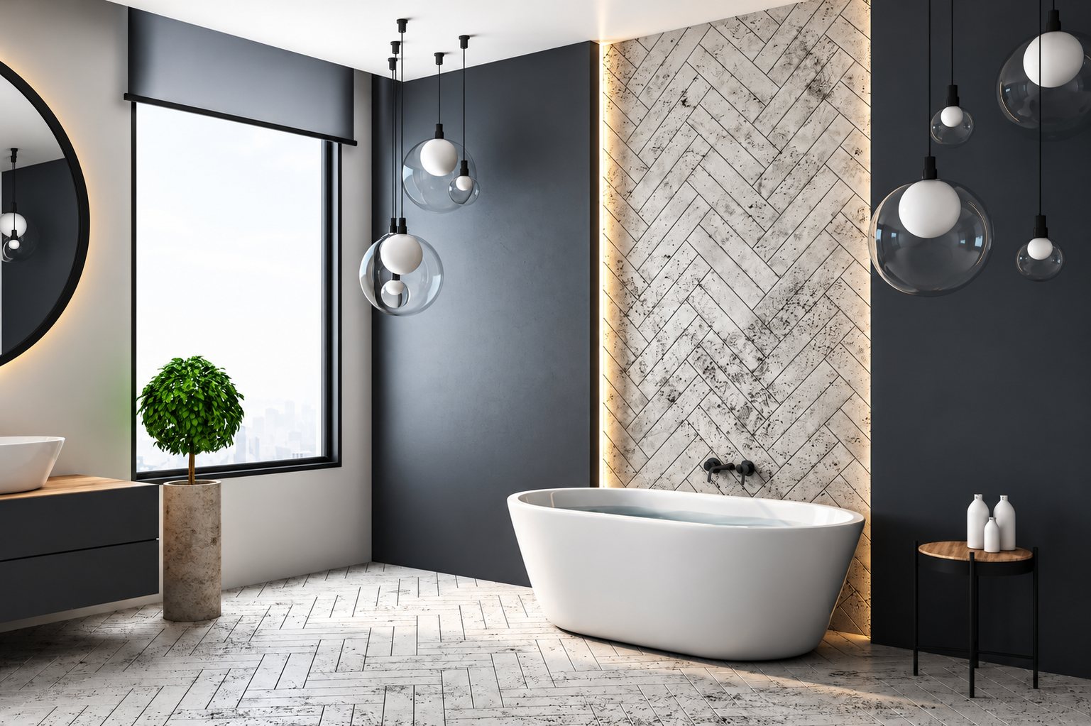 Salle de bain contemporaine aux murs gris anthracite avec une baignoire blanche, un mur en carrelage à chevrons rétroéclairé, des suspensions en verre et un grand miroir rond.