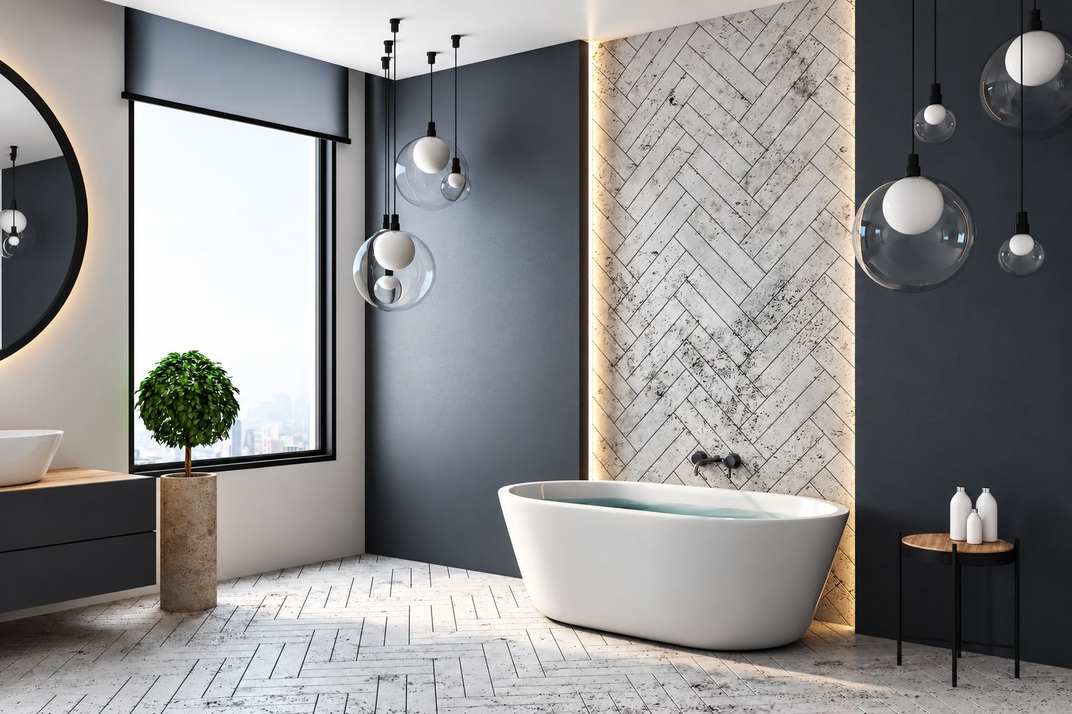 Salle de bain moderne aux murs gris foncé avec une baignoire ovale blanche, un mur en carrelage à chevrons rétroéclairé, des suspensions en verre et un grand miroir rond.