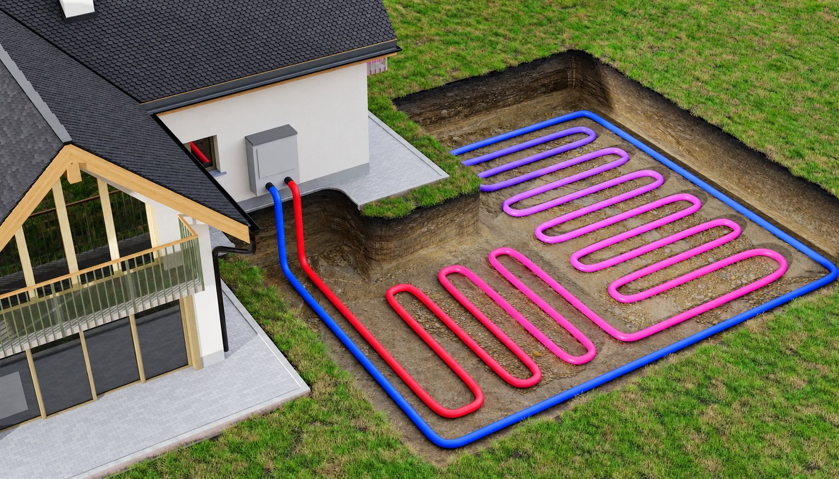 Illustration en 3D d'une maison dont le jardin est découpé pour montrer les tuyaux rouges, roses et bleus d'un système de chauffage géothermique enterré.